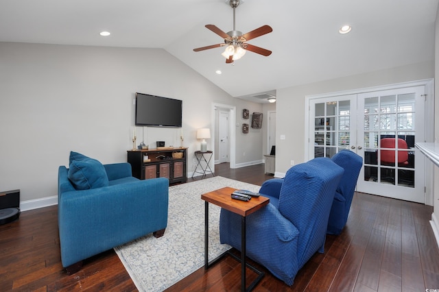 308 Millbrook Cir, Aynor, SC 29544 - living area featuring ceiling fan, vaulted ceiling, french doors, hardwood / wood-style floors, and recessed lighting