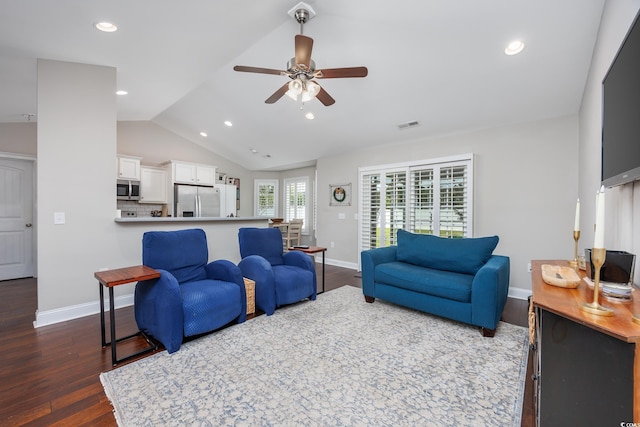 308 Millbrook Cir, Aynor, SC 29544 - living room with ceiling fan, dark wood-style flooring, vaulted ceiling, and recessed lighting