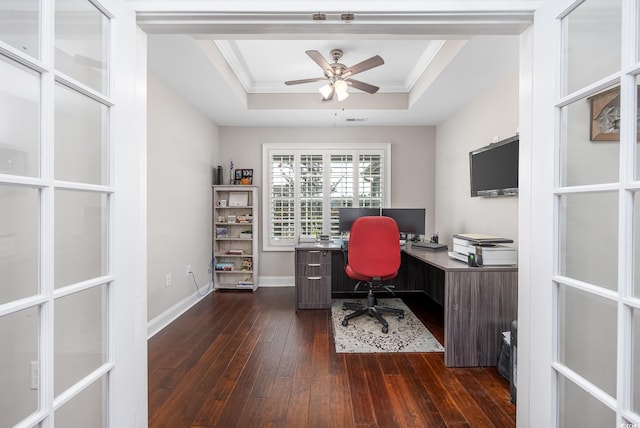 308 Millbrook Cir, Aynor, SC 29544 - home office featuring a tray ceiling, dark wood-style flooring, a ceiling fan, and crown molding