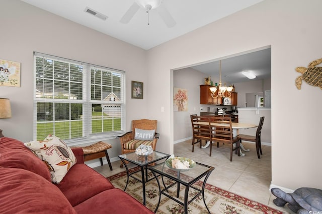 569 Ramblewood Cir, Little River, SC 29566 - living area featuring a chandelier, light tile patterned flooring, and ceiling fan