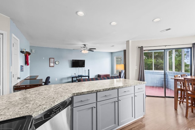 1101 Possum Trot Rd Unit A301, North Myrtle Beach, SC 29582 - kitchen with light countertops, a ceiling fan, gray cabinetry, light wood-style floors, and recessed lighting