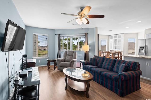 1101 Possum Trot Rd Unit A301, North Myrtle Beach, SC 29582 - living area with wood finished floors, a ceiling fan, and recessed lighting