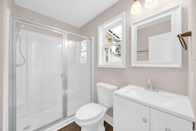 9655 Kings Grant Dr, Murrells Inlet, SC 29576 - full bathroom featuring vanity, a stall shower, and wood finished floors