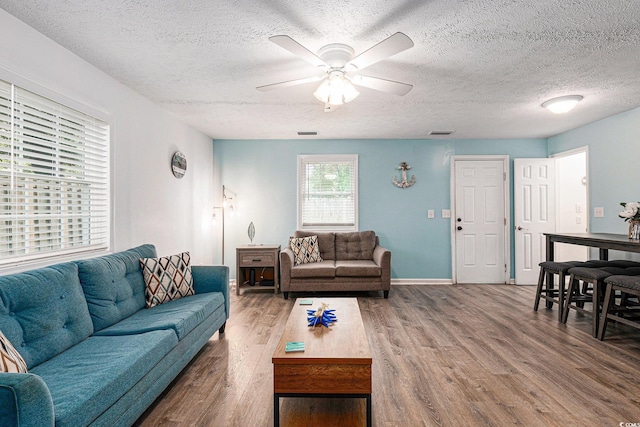 1005 28th Ave S, North Myrtle Beach, SC 29582 - living room with a textured ceiling, wood finished floors, and ceiling fan