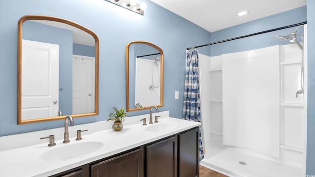 1201 Midtown Village Dr, Conway, SC 29526 - bathroom with double vanity and curtained shower