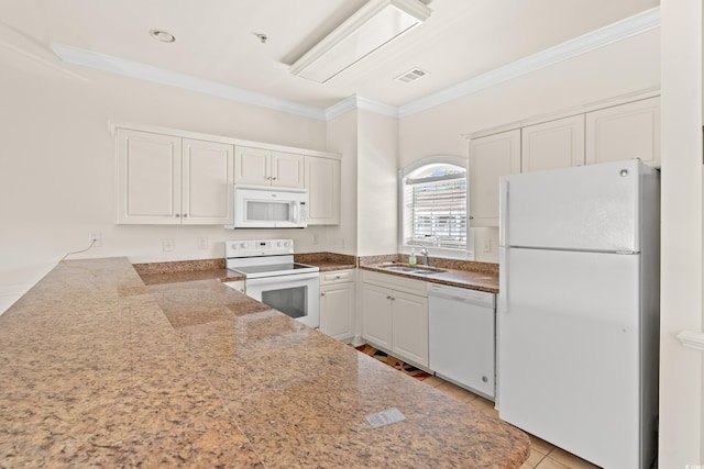 110 S Shore Blvd Unit 303, Longs, SC 29568 - kitchen with white appliances, crown molding, light tile patterned floors, and white cabinetry