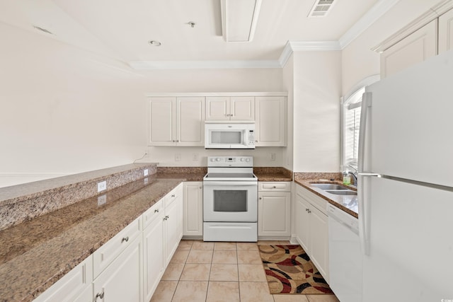 110 S Shore Blvd Unit 303, Longs, SC 29568 - kitchen featuring white appliances, crown molding, light tile patterned floors, white cabinetry, and stone counters