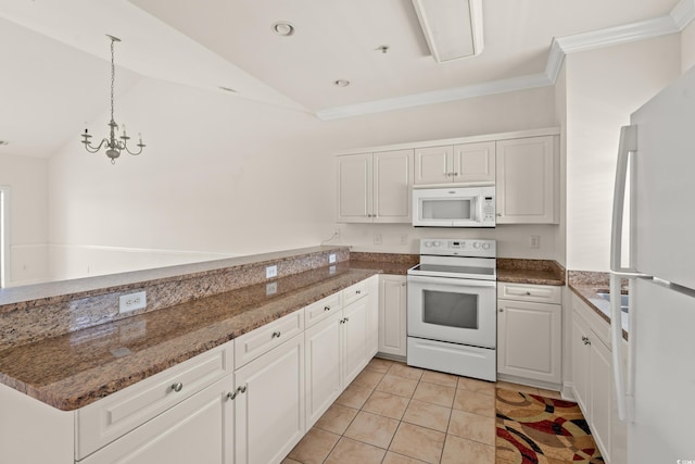 110 S Shore Blvd Unit 303, Longs, SC 29568 - kitchen featuring white appliances, lofted ceiling, light tile patterned floors, white cabinetry, and a chandelier