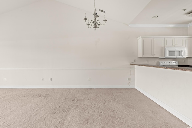 110 S Shore Blvd Unit 303, Longs, SC 29568 - unfurnished dining area featuring light colored carpet, a chandelier, ornamental molding, and lofted ceiling