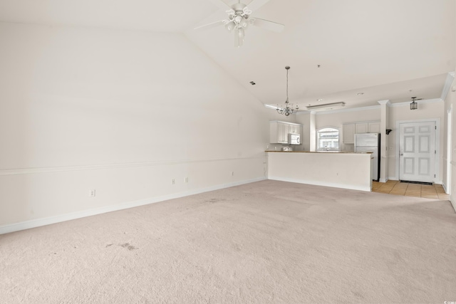 110 S Shore Blvd Unit 303, Longs, SC 29568 - unfurnished living room featuring light carpet, ceiling fan, and high vaulted ceiling