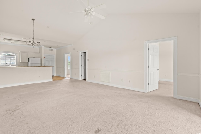 110 S Shore Blvd Unit 303, Longs, SC 29568 - unfurnished living room with light carpet, high vaulted ceiling, and a ceiling fan