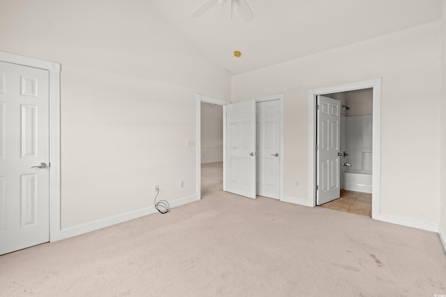 110 S Shore Blvd Unit 303, Longs, SC 29568 - unfurnished bedroom featuring carpet floors, ensuite bathroom, ceiling fan, and high vaulted ceiling