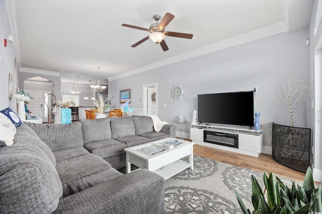 265 Venice Way Unit 1-404, Myrtle Beach, SC 29577 - living room with wood finished floors, ceiling fan, a chandelier, and ornamental molding