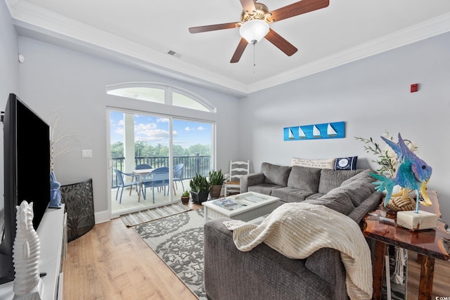 265 Venice Way Unit 1-404, Myrtle Beach, SC 29577 - living area featuring wood finished floors, a ceiling fan, and crown molding