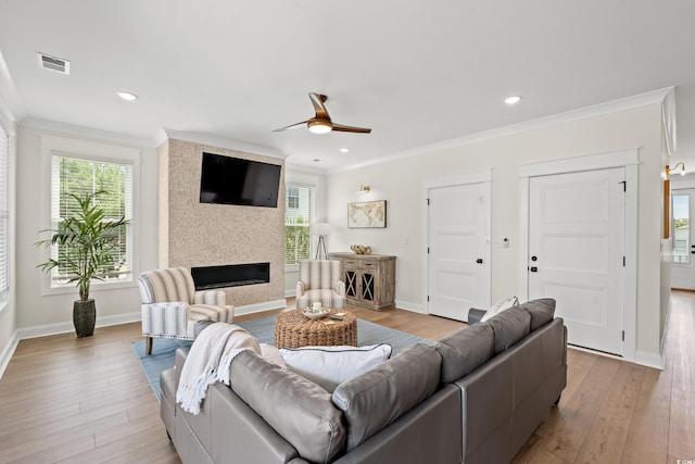 304 29th Ave N, North Myrtle Beach, SC 29582 - living area featuring ornamental molding, ceiling fan, light wood finished floors, plenty of natural light, and a fireplace