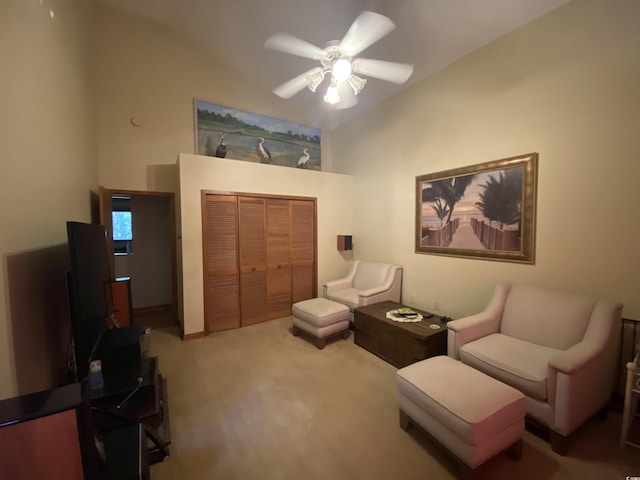 2232 Franklin Cir, Little River, SC 29566 - living area featuring carpet floors, ceiling fan, and high vaulted ceiling
