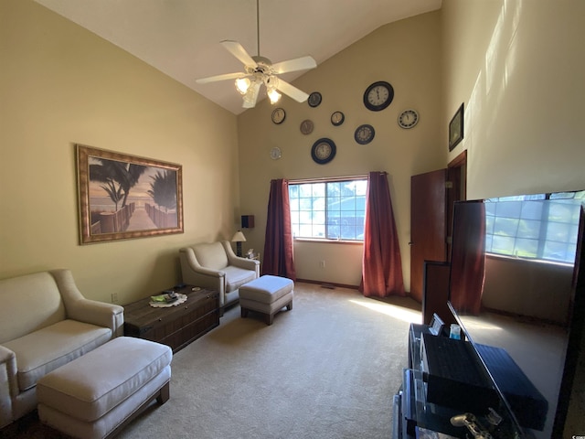 2232 Franklin Cir, Little River, SC 29566 - sitting room with light carpet, high vaulted ceiling, and ceiling fan