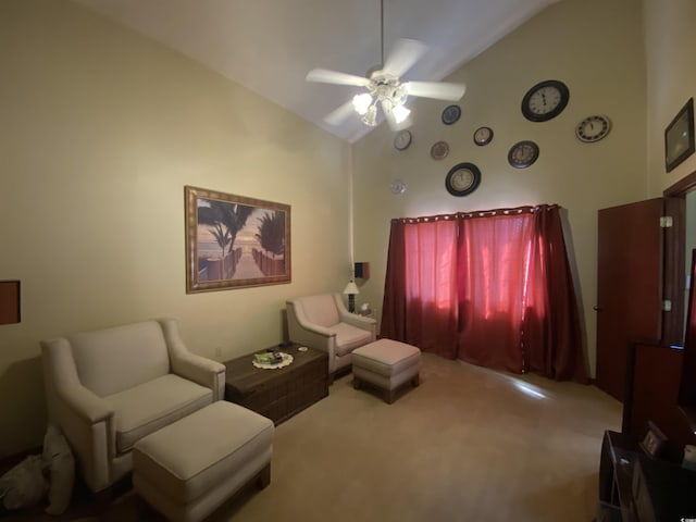 2232 Franklin Cir, Little River, SC 29566 - living area featuring carpet flooring, ceiling fan, and high vaulted ceiling