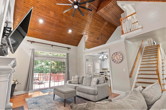 1504 27th Ave N, North Myrtle Beach, SC 29582 - living area featuring high vaulted ceiling, a ceiling fan, wooden ceiling, stairway, and recessed lighting