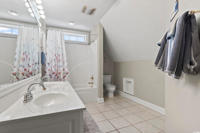 1504 27th Ave N, North Myrtle Beach, SC 29582 - bathroom featuring tile patterned floors, shower / bath combination with curtain, double vanity, and vaulted ceiling