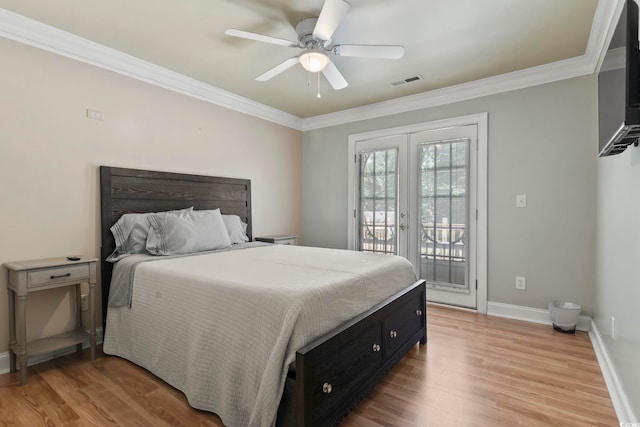 1504 27th Ave N, North Myrtle Beach, SC 29582 - bedroom featuring access to exterior, crown molding, light wood-type flooring, and ceiling fan