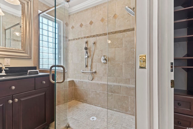 1504 27th Ave N, North Myrtle Beach, SC 29582 - full bathroom featuring crown molding, vanity, and a stall shower