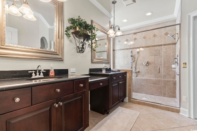 1504 27th Ave N, North Myrtle Beach, SC 29582 - full bathroom featuring ornamental molding, vanity, a stall shower, and tile patterned floors