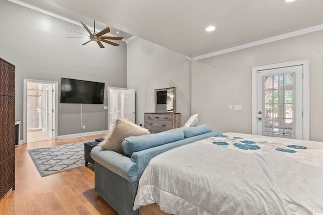 1504 27th Ave N, North Myrtle Beach, SC 29582 - bedroom with access to exterior, ornamental molding, light wood-type flooring, recessed lighting, and ceiling fan