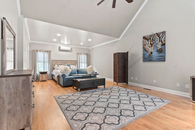 1504 27th Ave N, North Myrtle Beach, SC 29582 - bedroom featuring ornamental molding, a wall mounted AC, light wood-style floors, recessed lighting, and vaulted ceiling