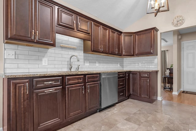3922 Glenmere Dr, Myrtle Beach, SC 29588 - kitchen featuring stainless steel dishwasher, decorative backsplash, light stone countertops, vaulted ceiling, and dark brown cabinetry