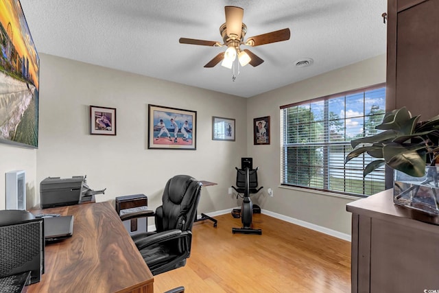 3922 Glenmere Dr, Myrtle Beach, SC 29588 - home office featuring a ceiling fan, light wood-style floors, and a textured ceiling