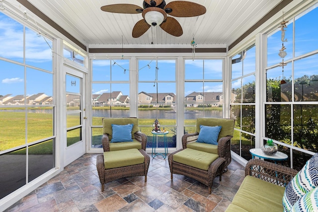 6014 Catalina Dr Unit 413, North Myrtle Beach, SC 29582 - sunroom featuring a residential view, a ceiling fan, and a water view