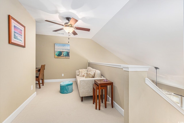 6014 Catalina Dr Unit 413, North Myrtle Beach, SC 29582 - sitting room with a ceiling fan, carpet flooring, vaulted ceiling, and an upstairs landing