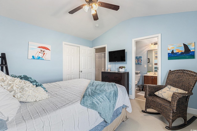 6014 Catalina Dr Unit 413, North Myrtle Beach, SC 29582 - bedroom with vaulted ceiling, a closet, light carpet, a ceiling fan, and ensuite bath