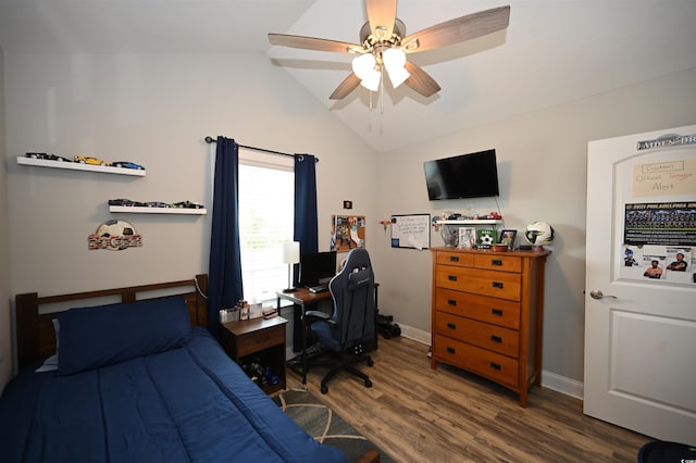 1300 Floyd Page Rd, Galivants Ferry, SC 29544 - bedroom with lofted ceiling, wood finished floors, a desk, and a ceiling fan