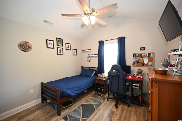 1300 Floyd Page Rd, Galivants Ferry, SC 29544 - bedroom featuring wood finished floors, lofted ceiling, an office area, and a ceiling fan