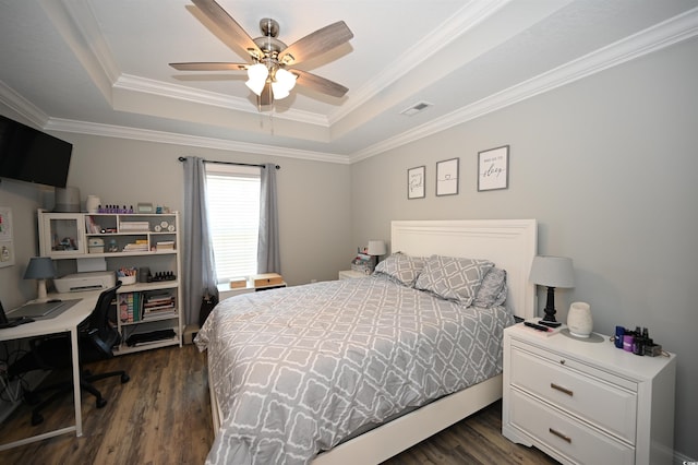 1300 Floyd Page Rd, Galivants Ferry, SC 29544 - bedroom featuring a tray ceiling, dark wood finished floors, crown molding, a ceiling fan, and an office area