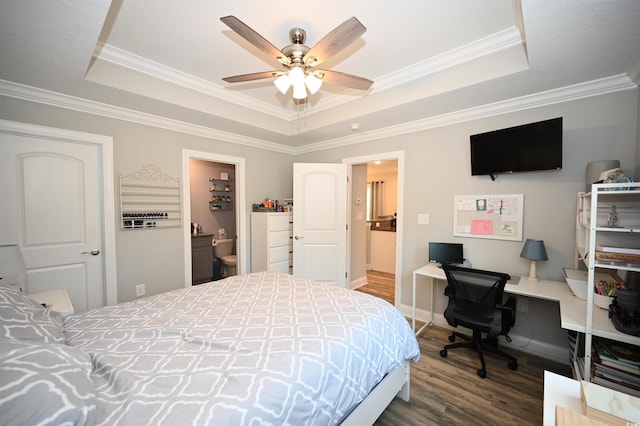 1300 Floyd Page Rd, Galivants Ferry, SC 29544 - bedroom featuring a raised ceiling, wood finished floors, crown molding, an office area, and ensuite bath