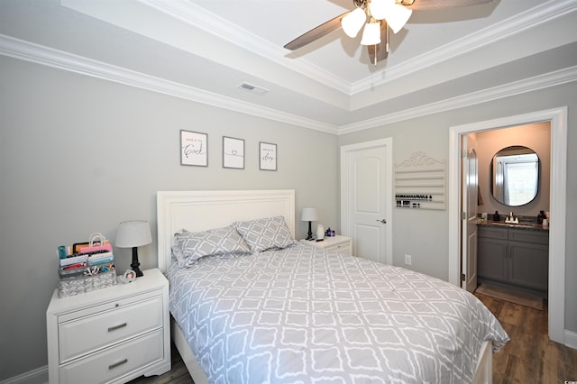 1300 Floyd Page Rd, Galivants Ferry, SC 29544 - bedroom with a raised ceiling, crown molding, dark wood finished floors, and ceiling fan