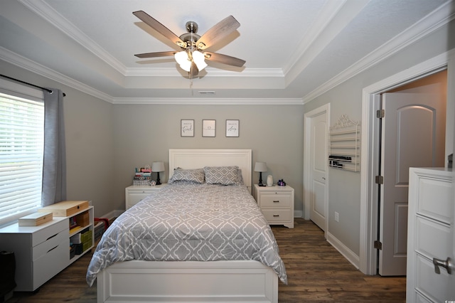 1300 Floyd Page Rd, Galivants Ferry, SC 29544 - bedroom with a raised ceiling, dark wood-type flooring, ornamental molding, and a ceiling fan