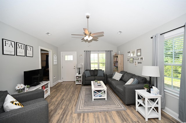 1300 Floyd Page Rd, Galivants Ferry, SC 29544 - living room with wood finished floors, lofted ceiling, and ceiling fan
