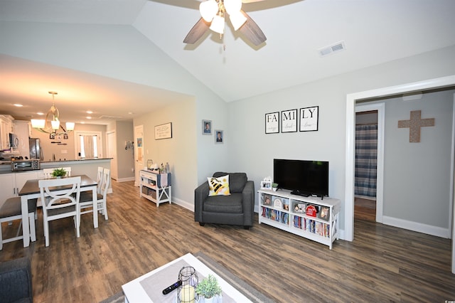 1300 Floyd Page Rd, Galivants Ferry, SC 29544 - living area with lofted ceiling, a chandelier, a ceiling fan, and dark wood-style flooring
