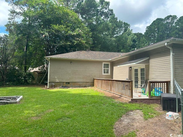 214 Rum Bluff Blvd, Longs, SC 29568 - rear view of house featuring french doors, a yard, a deck, and crawl space