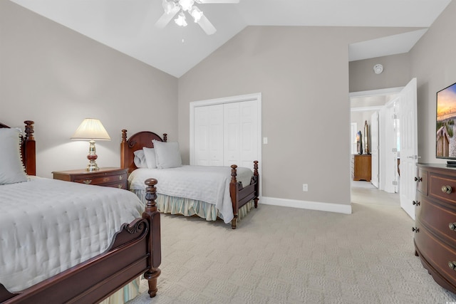 192 Hamby Dr, Pawleys Island, SC 29585 - bedroom with a closet, light colored carpet, ceiling fan, and high vaulted ceiling