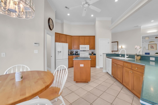 192 Hamby Dr, Pawleys Island, SC 29585 - kitchen featuring white appliances, a kitchen island, light tile patterned floors, ceiling fan, and ornamental molding