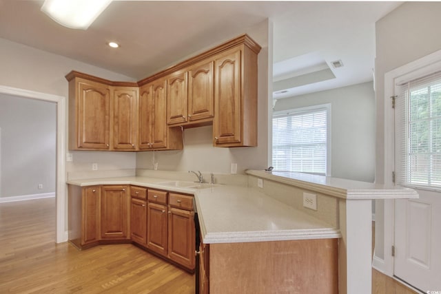 2025 Sawyer St, Conway, SC 29527 - kitchen with light wood-type flooring, light countertops, recessed lighting, and brown cabinetry