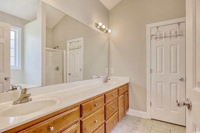 2025 Sawyer St, Conway, SC 29527 - bathroom with a stall shower, double vanity, tile patterned floors, and lofted ceiling