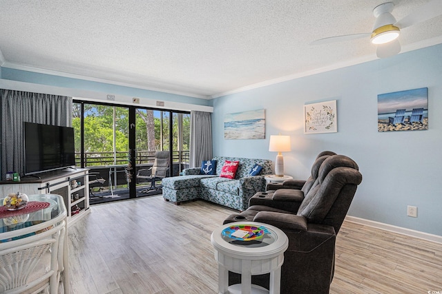 415 Ocean Creek Dr Unit 2373, Myrtle Beach, SC 29572 - living room featuring ornamental molding, a textured ceiling, wood finished floors, and ceiling fan