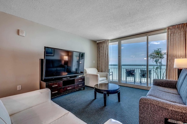 107 S Ocean Blvd Unit 1202, Myrtle Beach, SC 29577 - living area featuring a wall of windows, dark colored carpet, and a textured ceiling