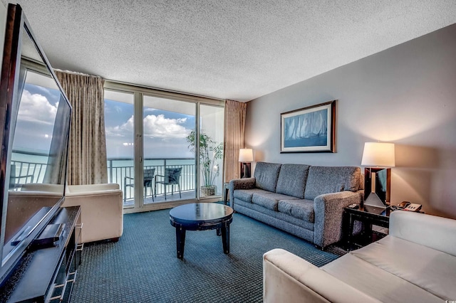 107 S Ocean Blvd Unit 1202, Myrtle Beach, SC 29577 - living room featuring carpet floors, floor to ceiling windows, plenty of natural light, and a textured ceiling